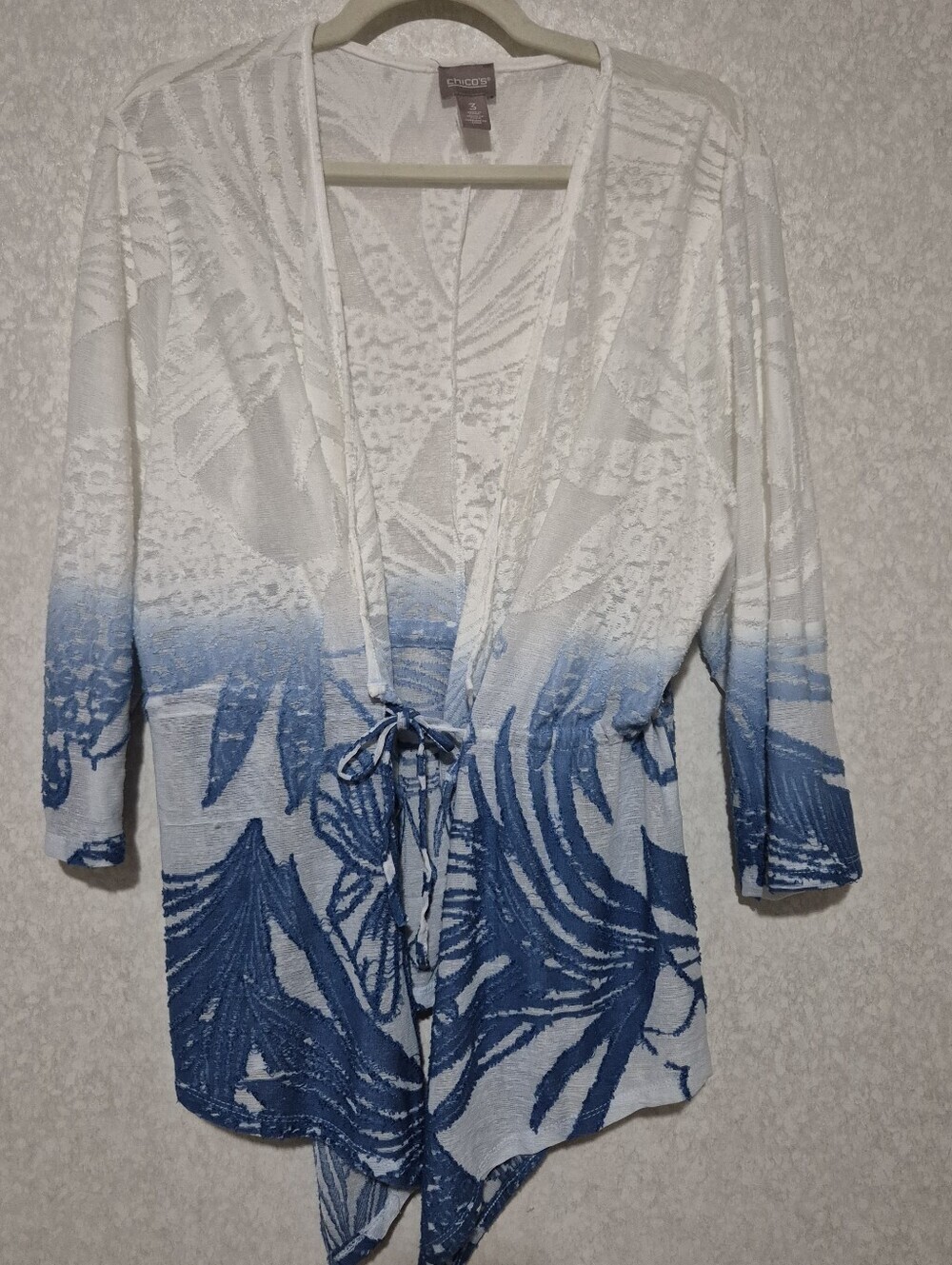 Chico's White to Blue Ombre Floral Tie-Front Blouse-Summer Drape-Size:3